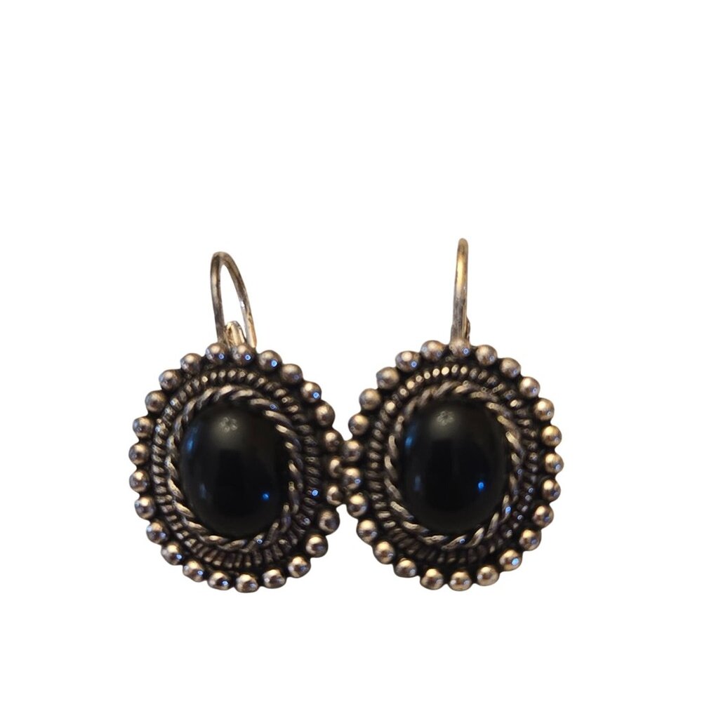 Vintage Silver Black Cabochon  Drop Earrings‎ With Ornate Rope Design